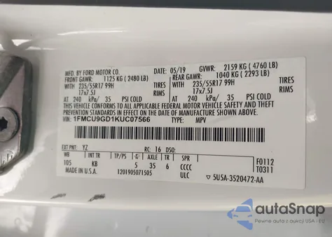 2019 Ford Escape Se z USA, uszkodzony, nr VIN 1FMCU9GD1KUC07566